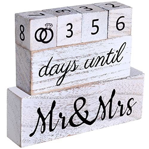 Set of 6 Wedding Countdown Calendar Block Wooden Engagement Gifts for Christmas Gifts Couples Rustic Bridal Shower Gift Wood Bachelorette Gifts for Bride Engagement Party Marriage Decor (White)
