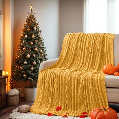 Battilo Mustard Yellow Throw Blanket for Couch, Sofa, 51"x67", Cable Knit Throw Blanket, Woven Chenille Throw Blankets for Bed, Fall Decor Boho Throw Blanket, Soft Warm Cozy Couch Blanket