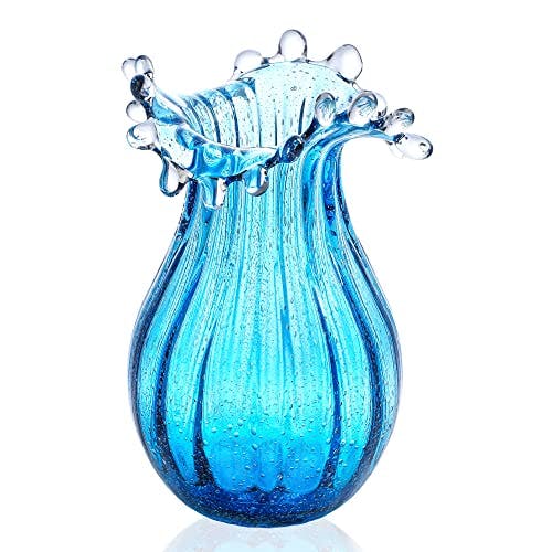 8inch Blown Glass Bubble Vase Collection Modern Art Flower Vase Decoration for Home Decor Living Room,Office,Centerpiece,Table and Wedding,Blue