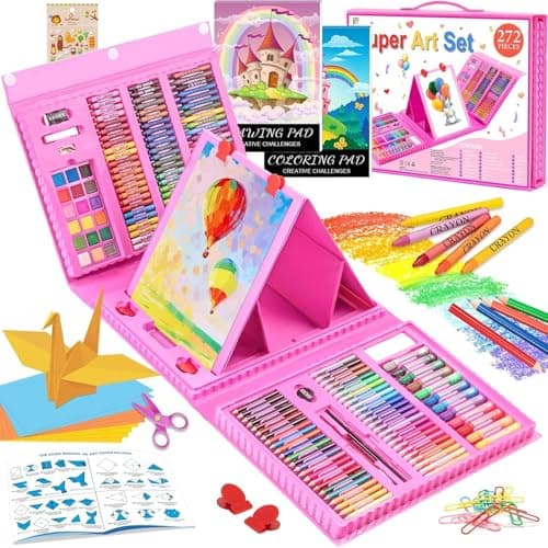 Art Supplies, 272 Pack Art Set Drawing Kit for Girls Boys Teens Artist, Deluxe Gift Art Box with Trifold Easel, Origami Paper, Coloring Book, Drawing Pad, Pastels, Crayons, Pencils, Watercolors(Pink)