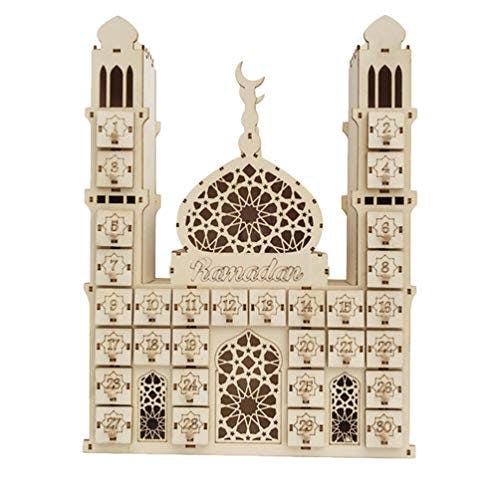 TOYANDONA Wooden Ramadan Advent Calendar DIY Eid Mubarak Countdown Calendar Muslim Islam Castle Centerpiece Ornament for Home Office Table Eid Party Decor Style 2