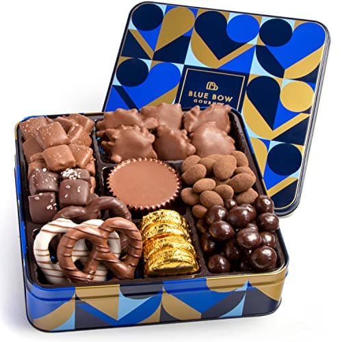 Blue Bow Gourmet Artisanal Chocolate Assortment Gift Tin for Easter, Birthday, Thank You