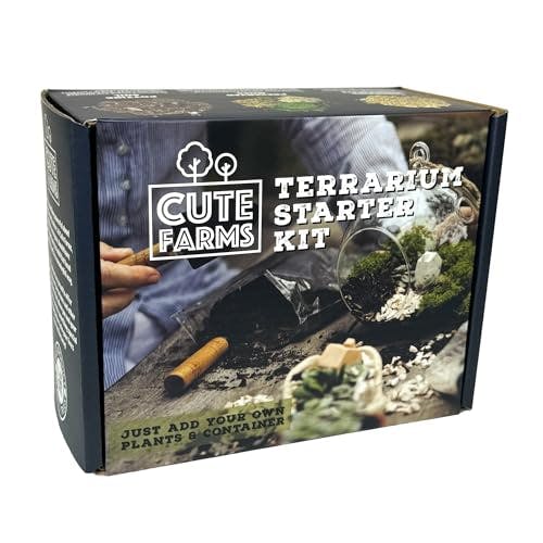 Cute Farms Terrarium Starter Kit | Moss, Vermiculite, Soil, Plant Food, Brush, Build and Care Guide | DIY Succulent Terrarium Kit for Adults and Kids
