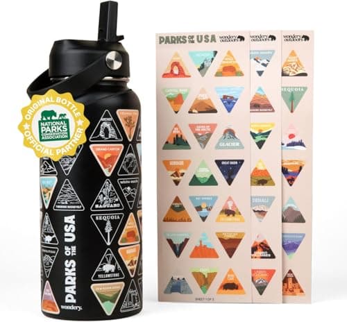 Original National Parks of the USA Bucket List Travel Water Bottle with Waterproof Stickers and Straw | Black 32 oz Screen Printed | Insulated Stainless Steel Vacuum Sealed | Leak Proof