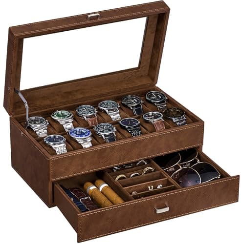 BEWISHOME Watch Box for Men, 12-Slot Watch Case, 2-Layer Watch Case With Drawer, Mens Jewelry Box with Large Glass Lid, Watch Display Case Watch Holder Organizer Watch Storage for Men Women Espresso