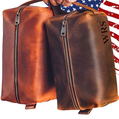 100% Genuine Leather Toiletry Bag Engraved Name or Initials – Crafted in USA – Personalized Travel Bag for Men – Customized Birthday, Anniversary, Father & Groomsmen Gift – Mens Waterproof Dopp Kit