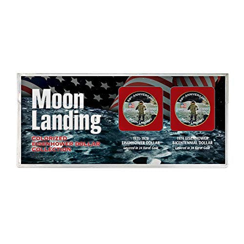 American Coin Treasures Moon Landing Eisenhower and Bicentennial Dollar US Coin Set Layered in Gold| 50th Anniversary Special Edition |Certificate of Authenticity |Two Colorized 24 KT Gold Layered