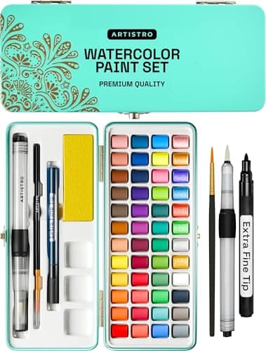 ARTISTRO Watercolor Paint Set, Vivid Colors in Portable Box, Palette set, Including Metallic and Fluorescent Colors. Perfect Travel Watercolor Set for Artists, Amateur Hobbyists and Painting
