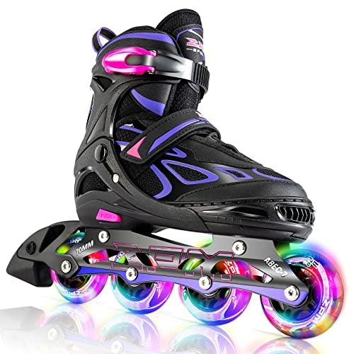2PM SPORTS Vinal Girls and Boys Adjustable Flashing Inline Skates, All Wheels Light Up, Fun Illuminating for Kids and Women - Violet S