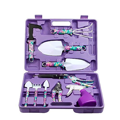 Jhua Garden Tool Set, 10 Pieces Gardening Tools Kit with Purple Flower Print, Ergonomic Handle Trowel Rake Weeder Pruner Shears Sprayer, Garden Hand Tools with Carrying Case Gardening Gifts for Women