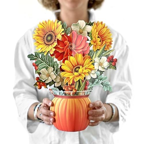 Freshcut Paper Pop Up Cards, Paper Flower Bouquet 3D Popup Greeting Cards with Note Card & Envelope, Birthday Card, Anniversary Card, Get Well Gifts for Women, 12" Sunflower Pumpkin