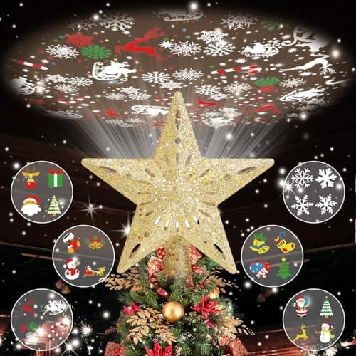 Patiobay Christmas Tree Topper Lighted with 6 Projected Patterns, Christmas Star Tree Topper Built-in LED Rotating Lights, 3D Glitter Projector for Party Holiday Xmas Decorations Gifts (Gold)
