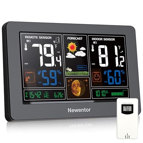 Newentor Weather Station Wireless Indoor Outdoor Thermometer, Color Display Digital Weather Thermometer with Atomic Clock, Barometric Pressure, Forecast Station with Adjustable Backlight, Black