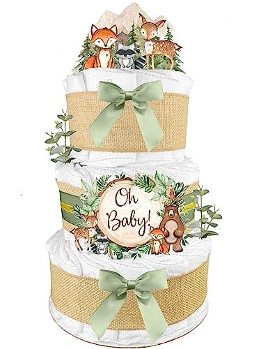 Woodland Creatures Diaper Cake - Gender Neutral Baby Gift - Burlap and Sage Green