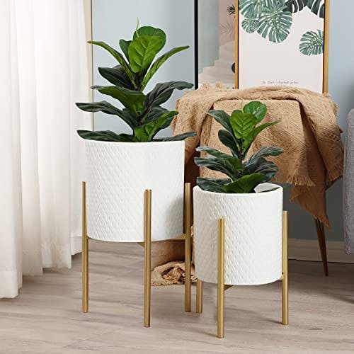 LuxenHome Planters for Indoor Plants, Set of 2 Indoor Plant Pots, White Planter with Gold Metal Stand, Luxury Flower Pots for Indoor Plants, Large Floor Plant Pot for Indoor Plants, NOT Waterproof
