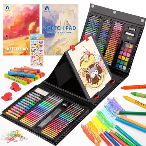 VigorFun Art Supplies, 240-Piece Art Set Crafts Drawing Kits with Double Sided Trifold Easel, Sketch Pads, Crayons, Colored Pencils, Gifts for Kids Girls Boys Teen Ages 4-6-8-9-12 (Black)