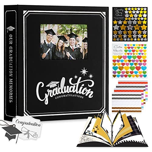 Lanpn Graduation Scrapbook Kit Photo Album, Linen DIY Memory Scrap Book Grad Picture Album with Stickers Holds 4x6 5x7 8x10 Pictures (30 Sheets / 60 Pages, Black - Window)