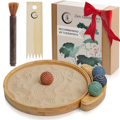 Japanese Zen Garden Kit for Desk - Premium Sand Garden - Mini Zen Décor Office Desktop Accessories - Bamboo Crafted Meditation Therapy Tray - Gift Set - 4 Stamp Spheres Natural Rake Custom Holder