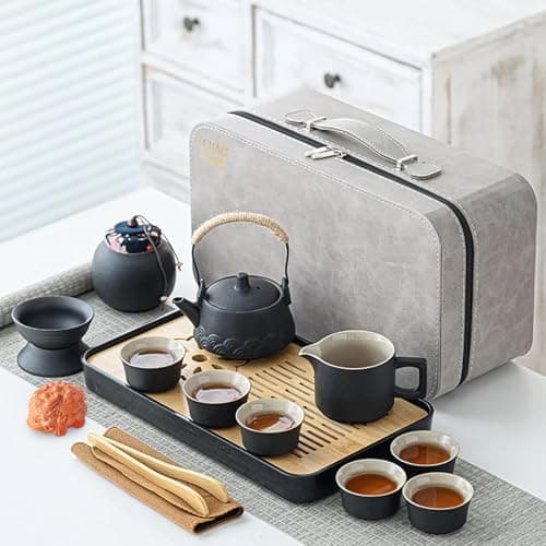 ICHAG Japanese Tea Set, Chinese Tea Set, Tea Sets for Adults, Tea Pet, Gongfu Tea Set, Portable Tea Set, 14-Piece Porcelain Tea Set Withgrey Leather Case, Asian Tea Set for Home, Outdoor, Business