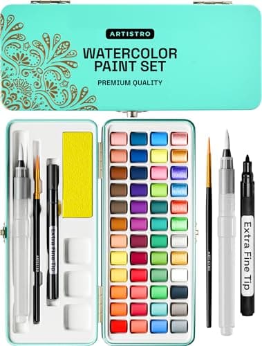 ARTISTRO Watercolor Paint Set, Vivid Colors in Portable Box, Palette set, Including Metallic and Fluorescent Colors. Perfect Travel Watercolor Set for Artists, Amateur Hobbyists and Painting