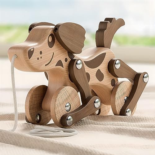 Montessori Toys 1 2 3 4 Years Old Boys Girls Wooden Walking Pull Dog Toy for Baby Toddler, Pull Along Walking Toys, Walk Along Puppy Pull, Wooden Pull & Push Toy