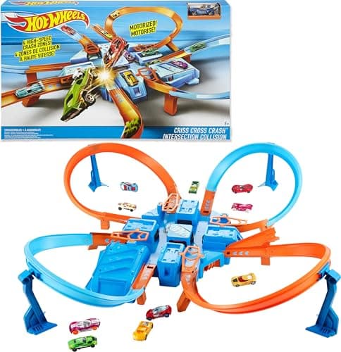 Hot Wheels Track Set with 1:64 Scale Toy Car, 4 Intersections for Crashing, Powered by a Motorized Booster, Criss-Cross Crash Track (Amazon Exclusive)