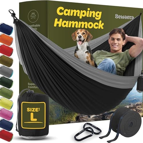 Durable Hammock 500 lb Capacity, Nylon Camping Hammock Chair - Double or Single Sizes w/Tree Straps and Attached Carry Bag - Portable for Travel/Backpacking/Beach/Backyard (Large, Black & Light Grey)
