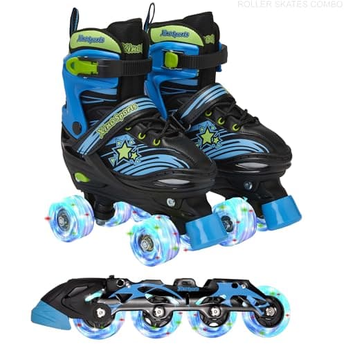 Xino Sports 2 in 1 Combo, Kids Roller Skates and Inline Skates - Interchangeable LED Light Up Skates for Kids Ages 6-12, Teens & Adults, Adjustable Inline Skates for Girls and Boys (Black, Large 5-8)