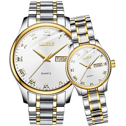 OLEVS Valentines Couples Pair Watches for Men and Women Lovers Romantic Wedding Gifts Set of 2,His and Hers Casual Dress Quartz Day Date Wrist Watch Waterproof Luminous with Stainless Steel Band White