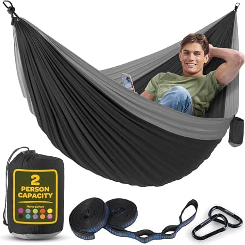 Durable Hammock 500 lb Capacity, Nylon Camping Hammock Chair - Double or Single Sizes w/Tree Straps and Attached Carry Bag - Portable for Travel/Backpacking/Beach/Backyard (Large, Black & Light Grey)