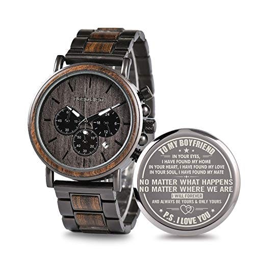 2win Engraved Personalized Wooden Watch for Boyfriend Customized Wooden Watches for Men Birthday Personalized Watch (A-for-Boyfriend)
