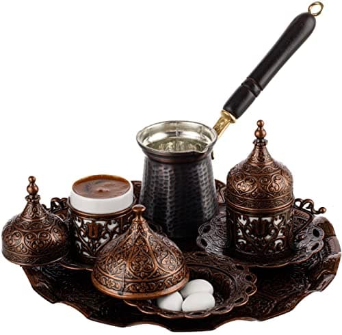 DEMMEX Turkish Greek Arabic Coffee Making & Serving Full Set with Cups, Saucers, Lids, Sugar Bowl, Tray and Copper Coffee Pot, 12 Pcs (Antique Brass)