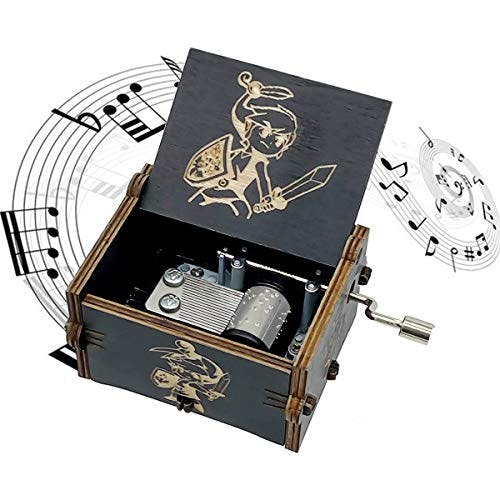 Zelda Wooden Music Box, Hand Crank Wood Legend of Zelda Theme Musical Boxes, Antique Engraved Carved Crafts Gift for Wedding, Valentines, Christmas, Birthday(Black)