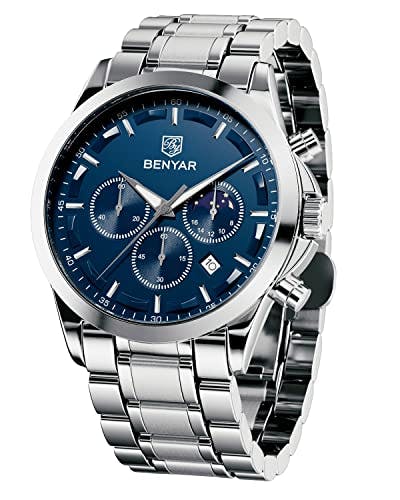 BENYAR Mens Watch Analog Quartz Movement Chronograph Stylish Casual Business Men's Dress Wrist Watches with Stainless Steel Bracelets Waterproof Luminous Date Watches Elegant Gift for Men
