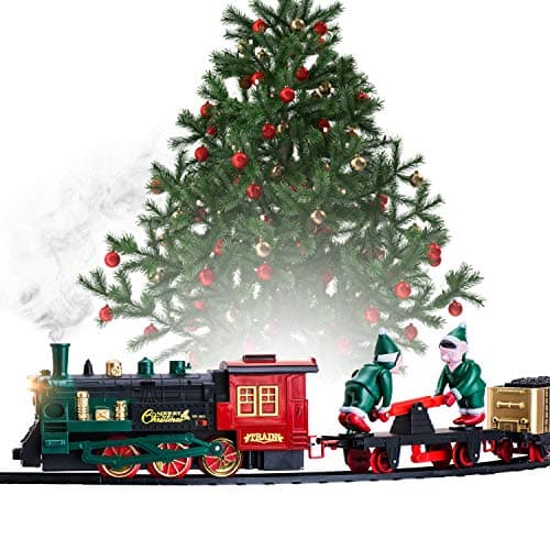 Christmas Train Set for Under The Tree with Lights, and Sounds - Holiday Train Around Christmas Tree w/Large Tracks | Battery Operated Electric Train Set with 160 Inches of Track and 2 Xmas Elves