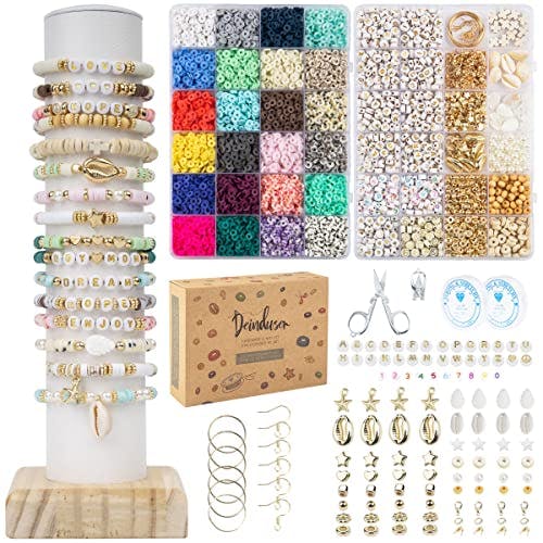 Deinduser Bracelet Making Kit, 7200pcs Clay Bead Set, 24 Colors 2 Boxes Bead Kit for Adults, Flat Preppy Beads, Gold Letter, Number & Pattern Beads for Girls