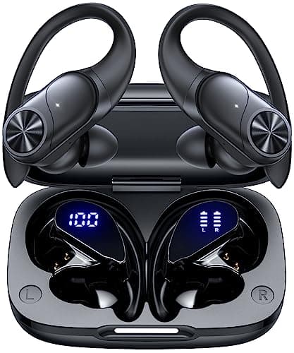 Bluetooth Headphones Wireless Earbuds 80hrs Playtime Wireless Charging Case Digital Display Sports Ear buds with Earhook Premium Deep Bass IPX7 Waterproof Over-Ear Earphones for TV Phone Laptop Black