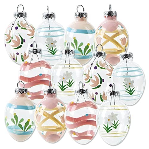 Lillian Vernon Hand Painted Pastel Glass Easter Egg Ornaments - Set of 12, Holiday Home Decor, Spring Mini Tree Decorations, Outdoor & Indoor Use, 1.5 Inches x 2 Inches, 6 Designs