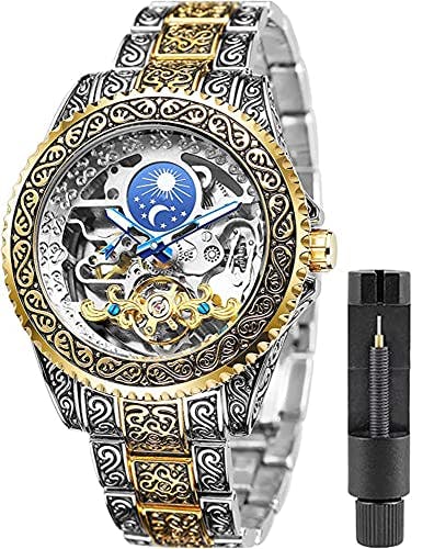 FANMIS Retro Mens Luxury Engraving Wrist Watches Moon Phase Tattoo Pattern Carved Self-Wind Mechanical Stainless Steel Band Luminous Automatic Skeleton Watch