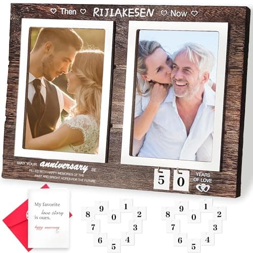 RIJIAKESEN Then & Now 50th Wedding Anniversary Picture Frame, Wedding Gifts Idea for Couple or Parents,Engagement -Anniversary Wood Photo Frame.Size 11.8inch*8.7inch.