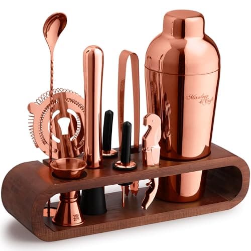 Mixology Bartender Kit: 10-Piece Bar Tool Set with Mahogany Stand | Perfect Home Bartending Kit and Martini Cocktail Shaker Set For a Perfect Drink Mixing Experience | Fun Housewarming Gift (Copper)