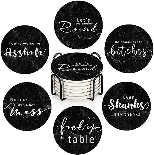 Bribay Coasters for Drinks Set of 6, Black Marble with Funny Quotes Sayings Absorbent Round Ceramic Stone Mat, with Cork Base and Metal Holder, Gift for Housewarming Room Bar Decor