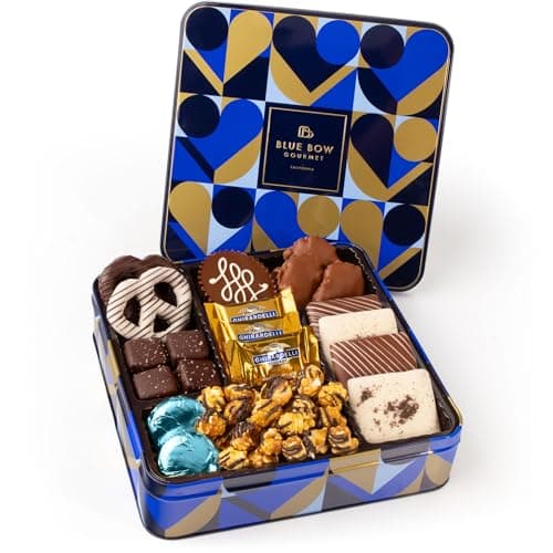 Blue Bow Gourmet Artisanal Chocolate Assortment Gift Tin for Easter, Birthday, Thank You