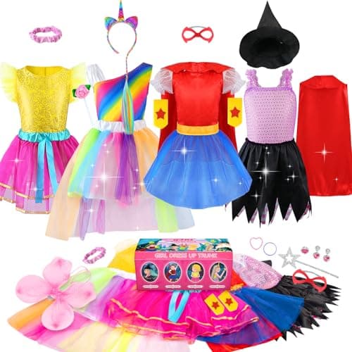 Jeowoqao Girls Dress up Trunk Princess Set, 24Pcs Pretend Play Costume Set, Fairytale, Supergirl, Princess, Rainbow Girls Costume for Toddler/Little Girls Ages 3 4 5 6 Years