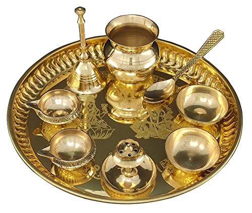 NOBILITY Brass Pooja thali 8 Inch with Kalash Kuber Diya Ghanti Spoon Bowl Dhup Dan Ganesh Lakshmi Design Puja Thali Set Festival Home Office Mandir Diwali Wedding Return Gift Items