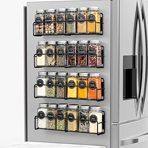 VITEVER Magnetic Spice Rack, 4 Pack, 24 Square Glass Jars with Lids, Quick-Find Pre-Printed Labels, Funnel, Space Saver, Refrigerator and Microwave Oven Organizer