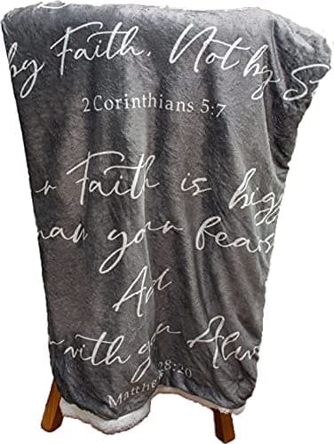 Double Creek Multi Scripture Throw Blanket Ultra Soft Sherpa Microfleece Inspirational Verses Jeremiah 29:11, Corinthians 5:7, Matthew 28:20, Comfort Blanket 50"x 60" Get Well Gift Men Women (Gray)