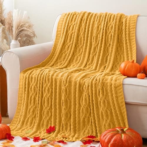 Battilo Mustard Yellow Throw Blanket 51"x67" Chenille Knitted Throw Blanket for Couch, Gold Throw Blankets for Home Decor, Summer Fall Decor Blanket