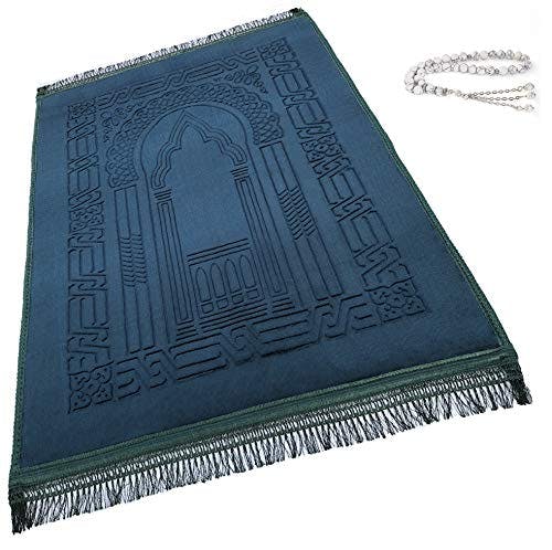 Prayer Rug Muslim Mat Islamic - Thick Large Padded Sajadah for Kids Men Women with Islam Prayer Beads for Eid Travel Ramadan, Soft Luxury Great for Knees and Forehead(Green)