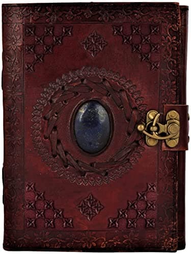 Rustic Town Leather Bound Notebook Journal with Semi Precious Stone - Handmade Vintage Leather Travel Diary for Women Men - Book of Shadow, Unlined Writing Gift